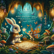 a painting of a rabbit and a butterfly with the words birlikte dahaa daaha a guifyuz