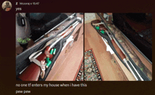 a picture of a shotgun in a case with the caption " no one tf enters my house when i have this "