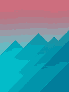 a blue and pink background with a mountain in the foreground