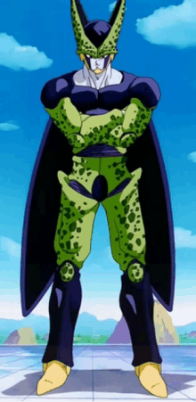 cell from dragon ball z stands with his arms crossed in front of a blue sky