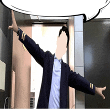 a man in a suit has his arms outstretched and a speech bubble above him