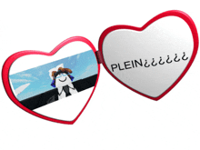 a pair of heart shaped mirrors with the words plein on them