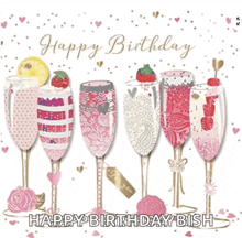 a happy birthday greeting card with champagne glasses and strawberries