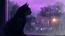 a black cat is looking out of a window with rain drops on it