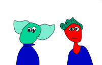 a blue and red cartoon character standing next to each other on a white background