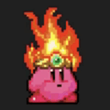 a pixel art of kirby wearing a crown with flames coming out of it .