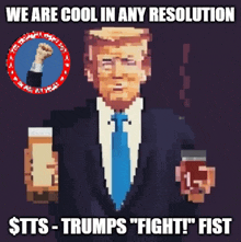 a pixel art of donald trump holding a glass of beer and a fist