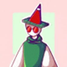 a cartoon character wearing a green sweater and a red hat with a cone on it .