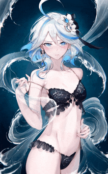 a girl with white hair and blue eyes is wearing a bikini