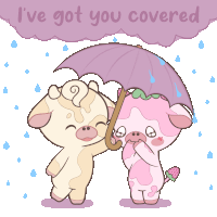 a cartoon of two cows holding an umbrella with the words " i 've got you covered " behind them