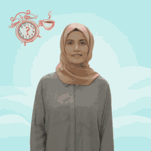 a woman in a hijab stands in front of a clock with a question mark