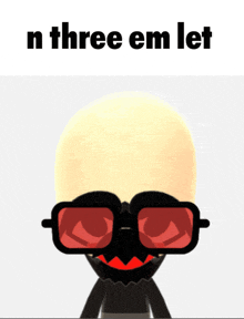 a cartoon character with red glasses and the words " n three em let "