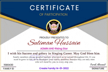 a certificate of participation is proudly presented to sulman hussain