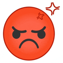 a red smiley face with an angry expression and a star on its forehead .