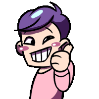 a cartoon character with purple hair and a pink shirt is smiling and giving a thumbs up