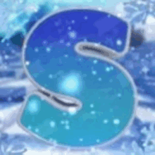 a blue letter s is sitting on a snowy surface surrounded by snowflakes .