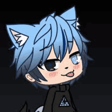 a cartoon character with blue hair and cat ears is wearing a black sweater .