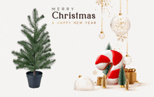 a merry christmas and happy new year greeting with a small christmas tree and candy cane