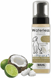 a bottle of waterless no rinse shampoo with coconut lime and verbena