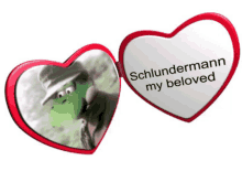 two hearts that say schlundermann my beloved and a picture of a dinosaur