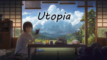 a girl sits at a table reading a book with utopia written on the top