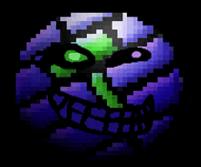 a pixel art of a skull with green eyes and purple teeth