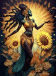 a painting of a woman standing next to a sunflower in a garden .