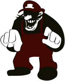 a black and white drawing of a cartoon character wearing red overalls and a red hat .