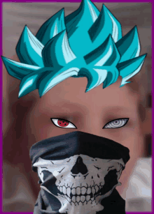 a person wearing a bandana with a skull on it and a blue haircut