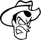 a black and white drawing of a cowboy with an angry face and a beard .