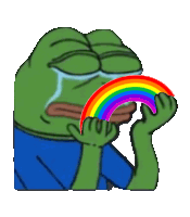 a green frog is crying and holding a rainbow