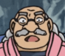 a close up of a cartoon character with glasses and a mustache making a surprised face .