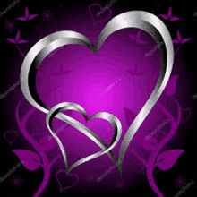 a couple of silver hearts on a purple background