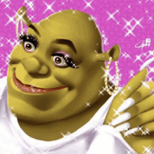 shrek is wearing a white shirt and white nails and has a pink background