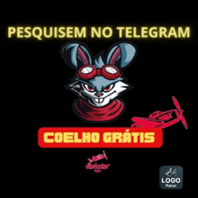 a poster with a rabbit wearing goggles and a red plane says pesquisam no telegram coelho gratis