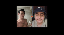 a shirtless man holding a shower head next to a man wearing headphones and a puma hat