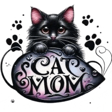 a black cat is sitting on top of a purple bowl with the words `` cat mom '' .