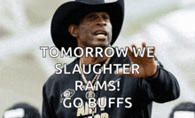 a man in a cowboy hat says tomorrow we slaughter rams