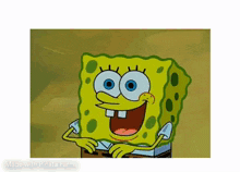 a cartoon of spongebob squarepants smiling with his mouth open .