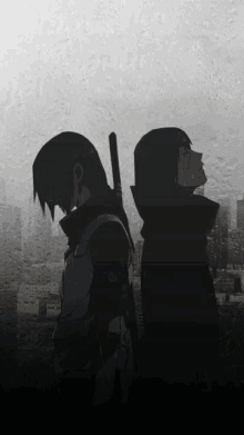 two anime characters standing back to back in the rain with a city in the background