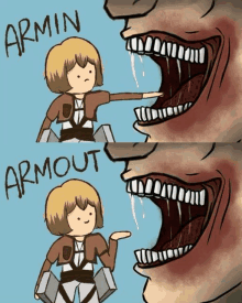 a cartoon of a girl pointing at a monster with the words armin and armout written on the bottom