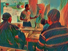 a man is giving a presentation to a group of people in a room