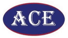 the ace logo is a blue oval with white letters on it .