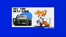 a fox holding a remote control next to a car that says " see you next game "