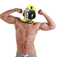 a shirtless man with a gas mask on his face