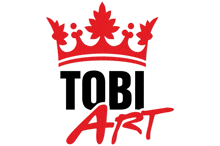 a logo for tobi art has a red crown on it