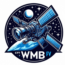 a logo for cft wmb fv with a satellite in space