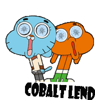 gumball and darwin from the amazing world of gumball are standing next to each other with the words cobalt lend below them