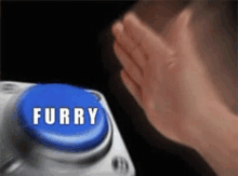 a person is pressing a blue button that says furry on it .