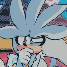 a close up of a cartoon character , silver the hedgehog , holding a microphone .